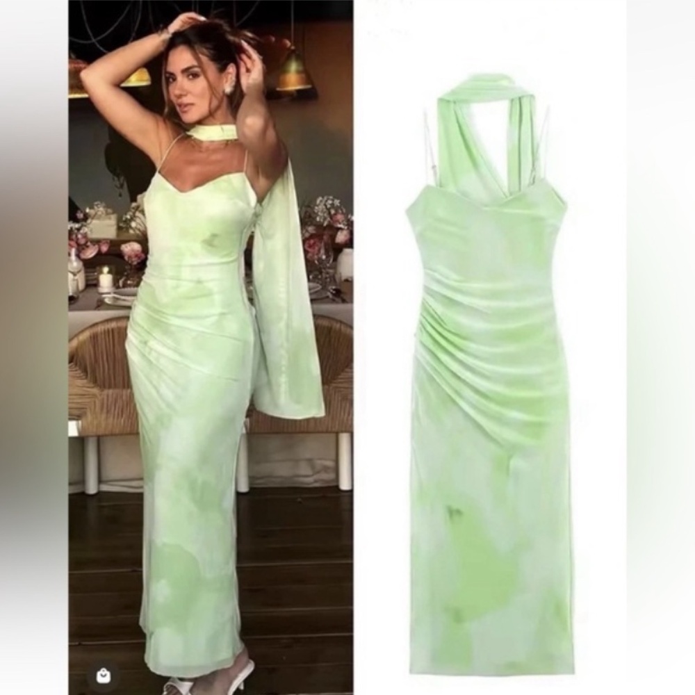 Zara Spring Green Neck Scarf Dress